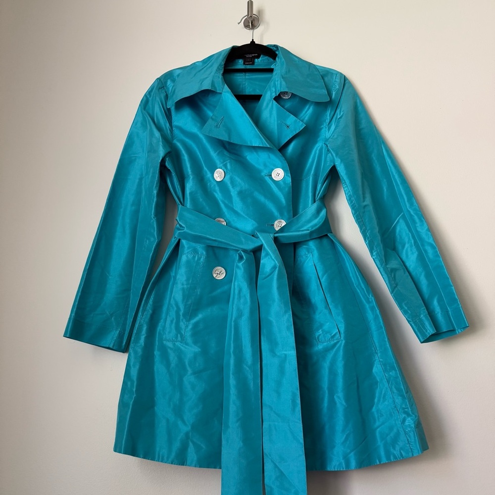 As Four Kate Spade 2005 Collab 100% Silk Teal Short Double-Breasted Trench Coat - Picture 4 of 14